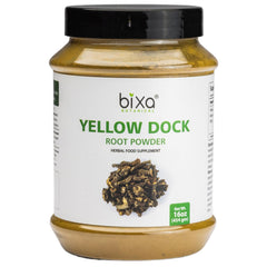 bixa BOTANICAL Yellow Dock Powder packaging highlights a pure herbal supplement for daily skin care.