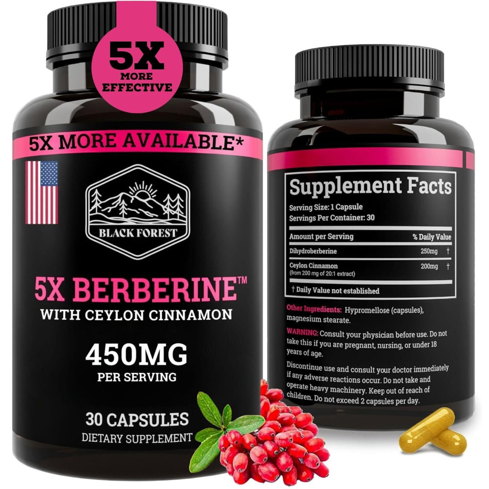 Black Forest 5X Berberine DHB bottle with capsules highlighting higher absorption