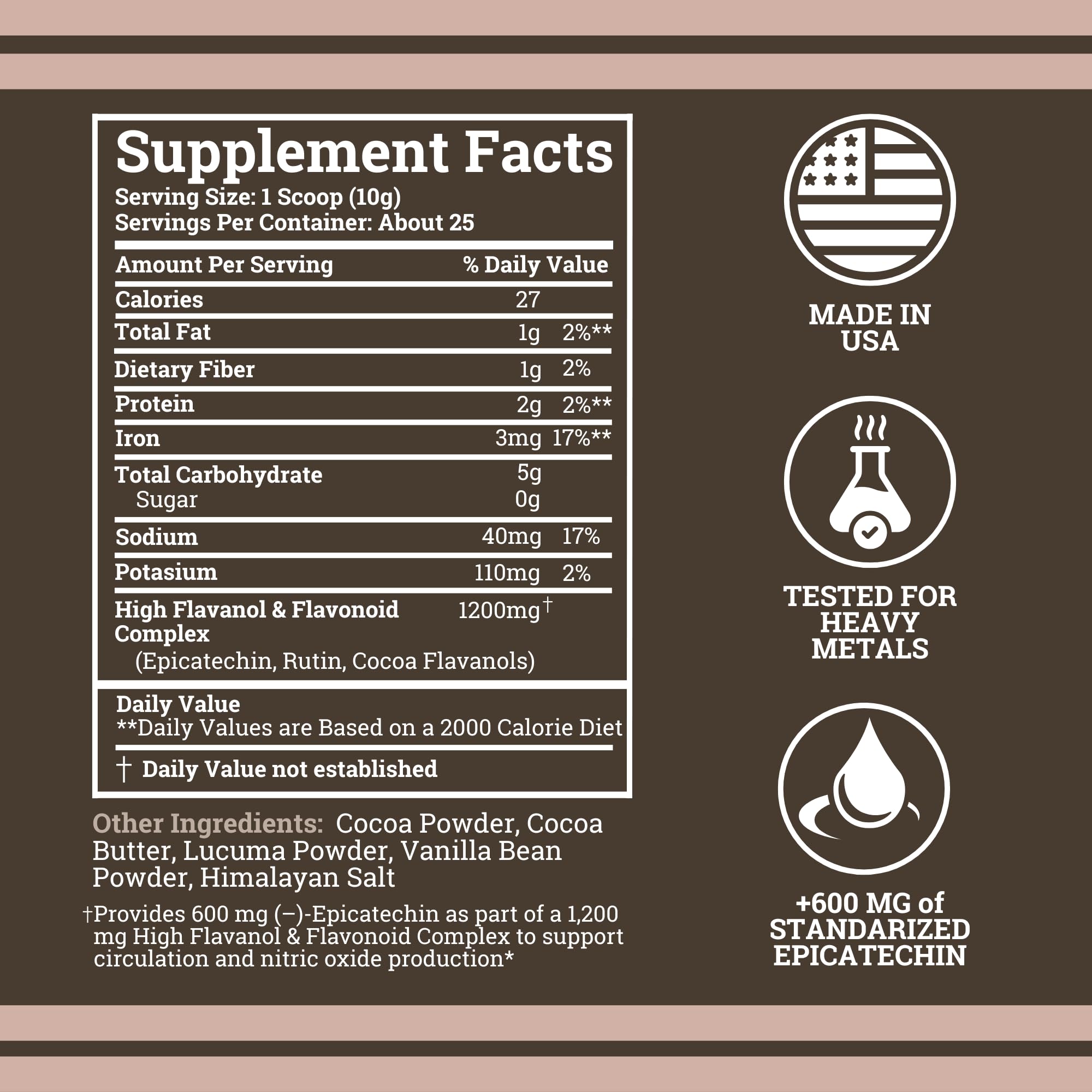 Black Forest 600mg flavonoids per serving powder emphasizes synergy with flavanols for overall health.