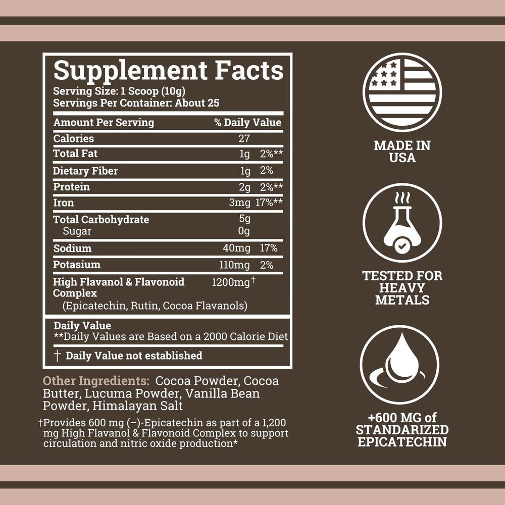 Black Forest 600mg flavonoids per serving powder emphasizes synergy with flavanols for overall health.