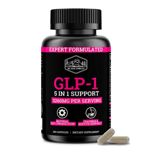 Black Forest GLP-1 Booster bottle shows the 5-in-1 formula for metabolism support