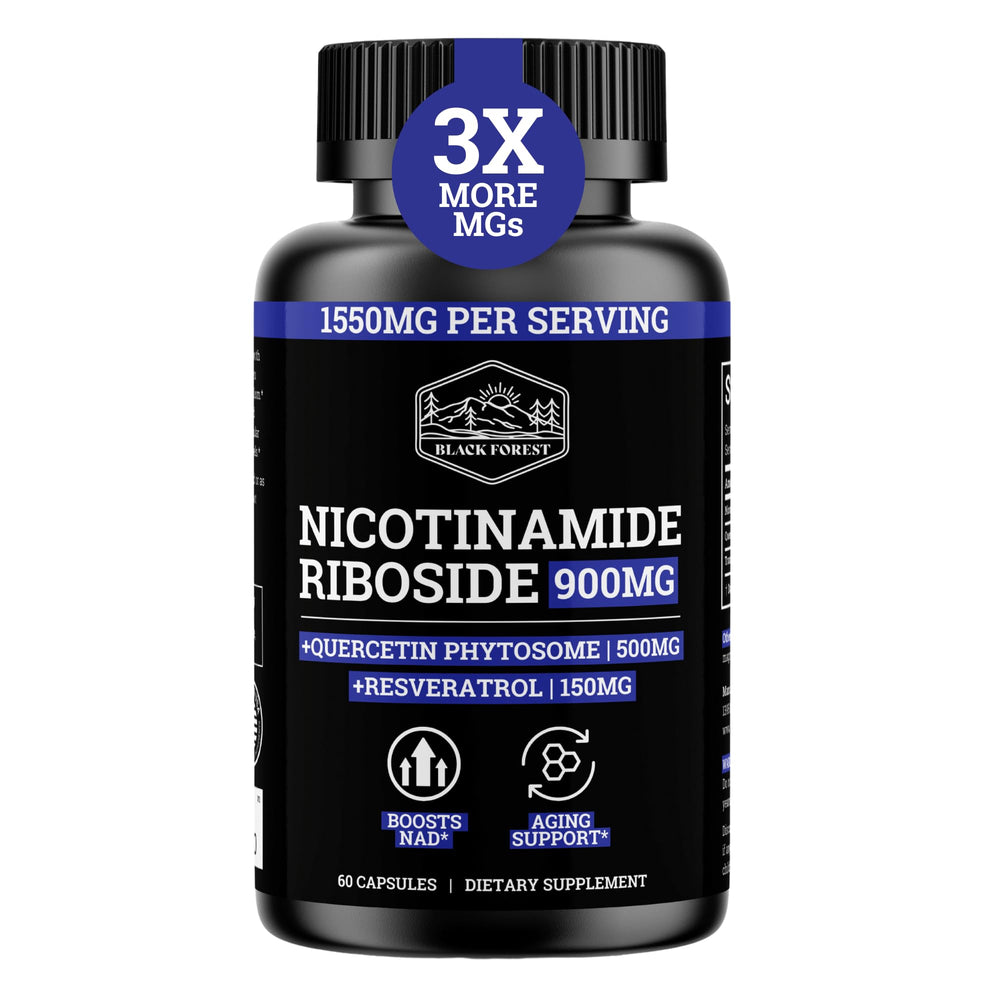 Black Forest NAD 900mg bottle in view highlights the product and dosage for daily energy support.