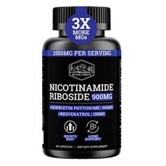Black Forest NAD 900mg bottle in view highlights the product and dosage for daily energy support.