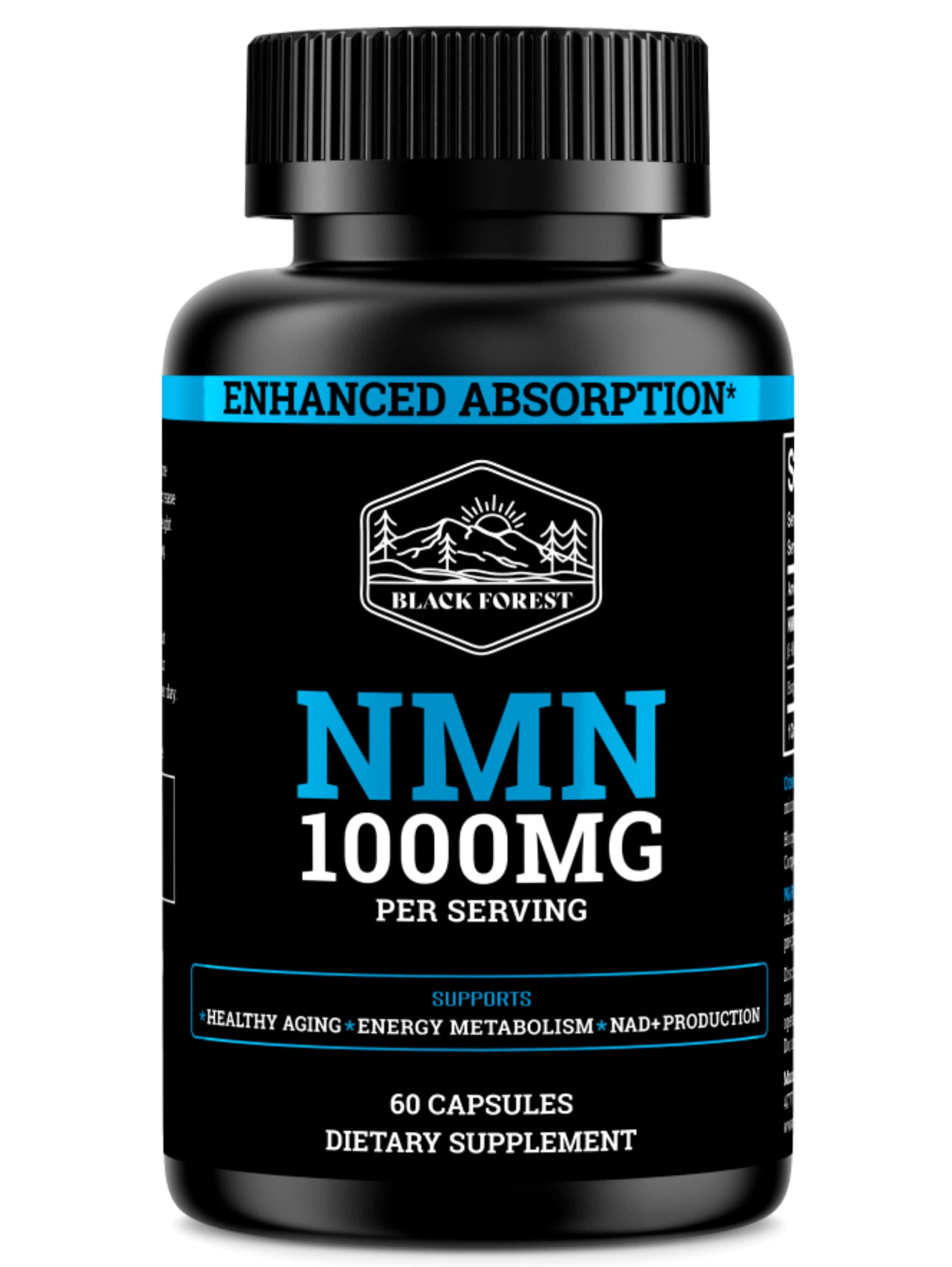 Black Forest NMN bottle closeup showing premium packaging and potency protection