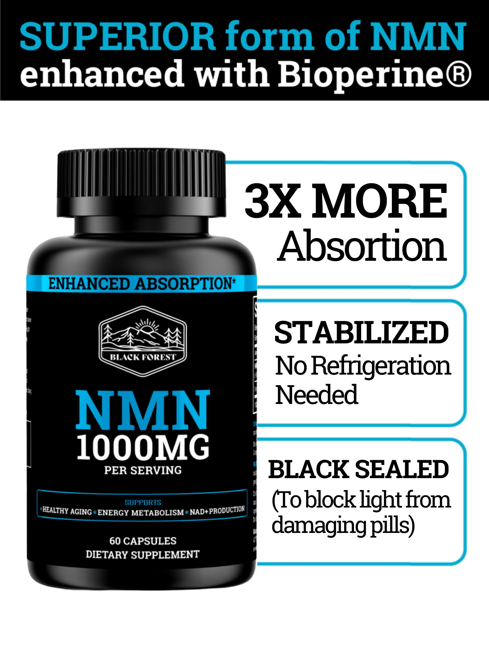 Black Forest NMN powder closeup illustrating 1000 mg per serving strength