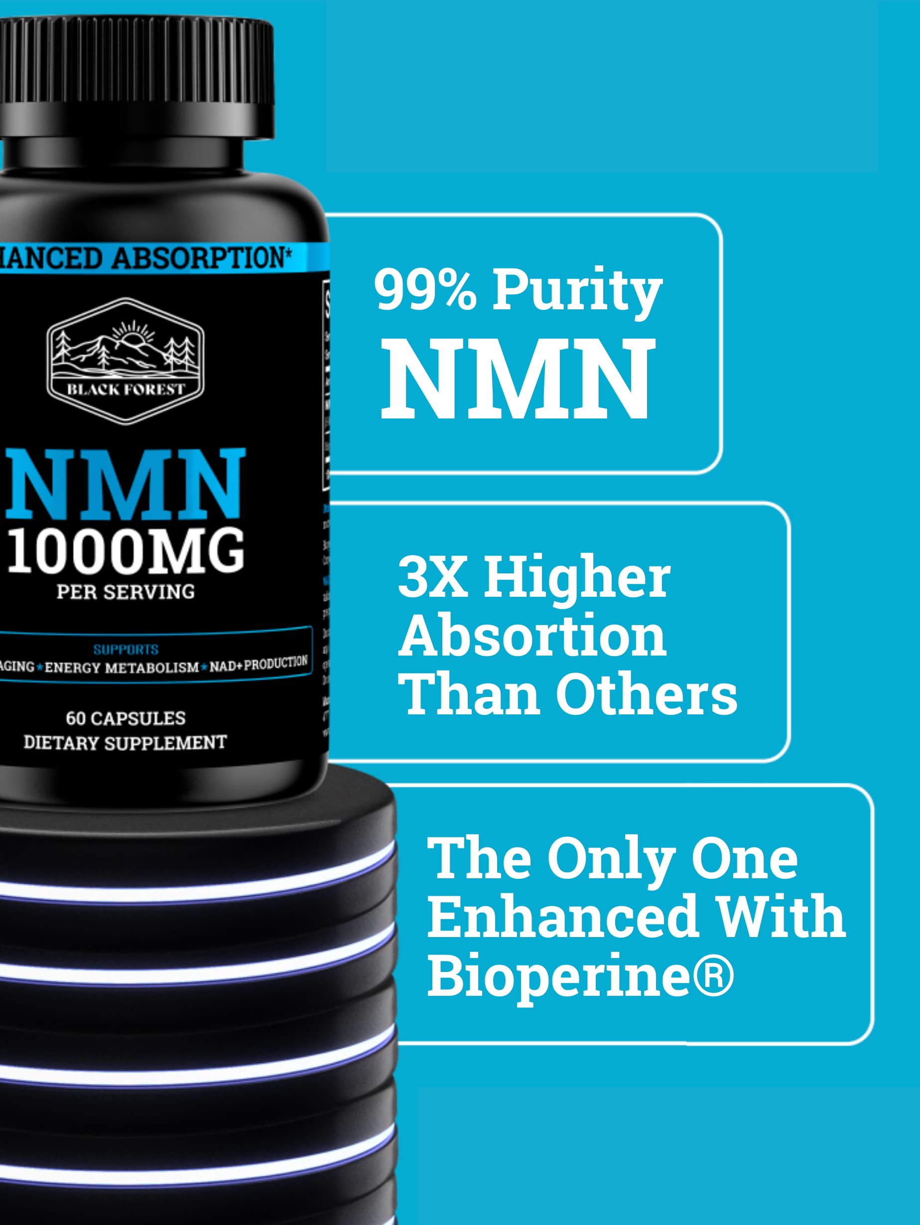 Black Forest NMN shelf-stable packaging conveying non-refrigerated storage