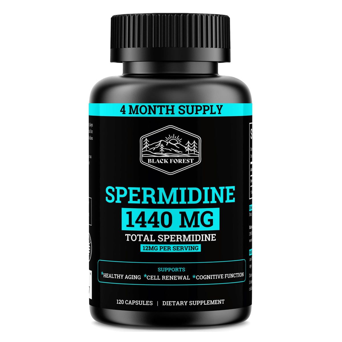 Black Forest Spermidine bottle front highlights potent 99% pure spermidine for daily vitality.