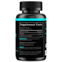 Black Forest Spermidine bottle side reveals GMP environment and vegan-friendly labeling for trusted quality.