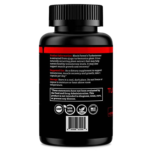 Black Forest Turkesterone 500mg bottle back label with purity and vegan-safe info.