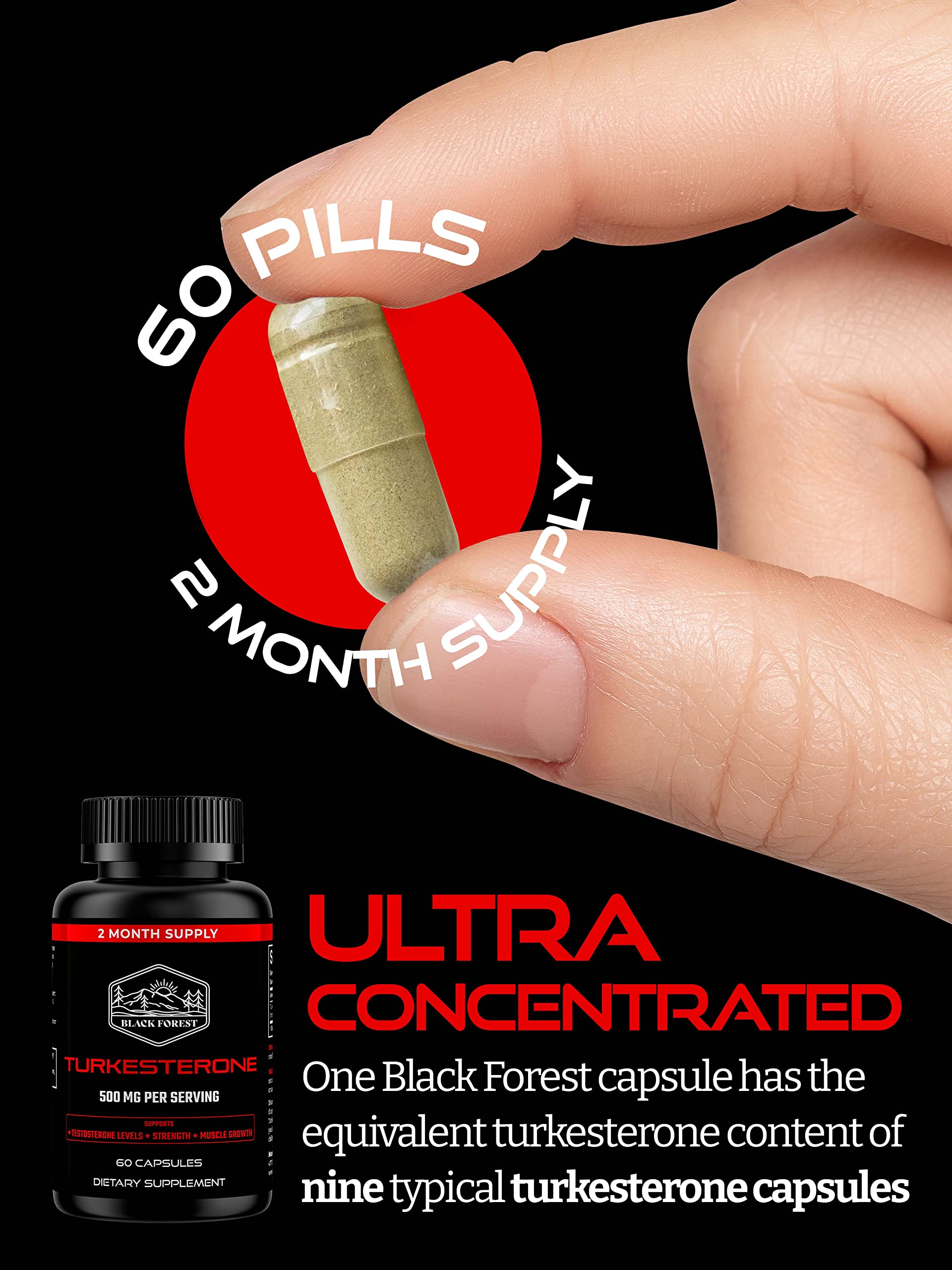 Black Forest Turkesterone 500mg capsules beside packaging highlighting vegan safety.