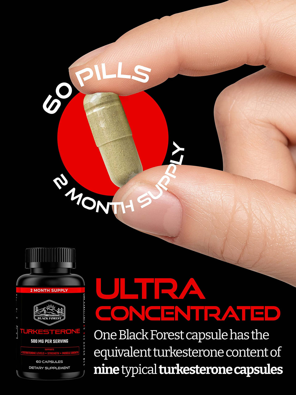 Black Forest Turkesterone 500mg capsules beside packaging highlighting vegan safety.
