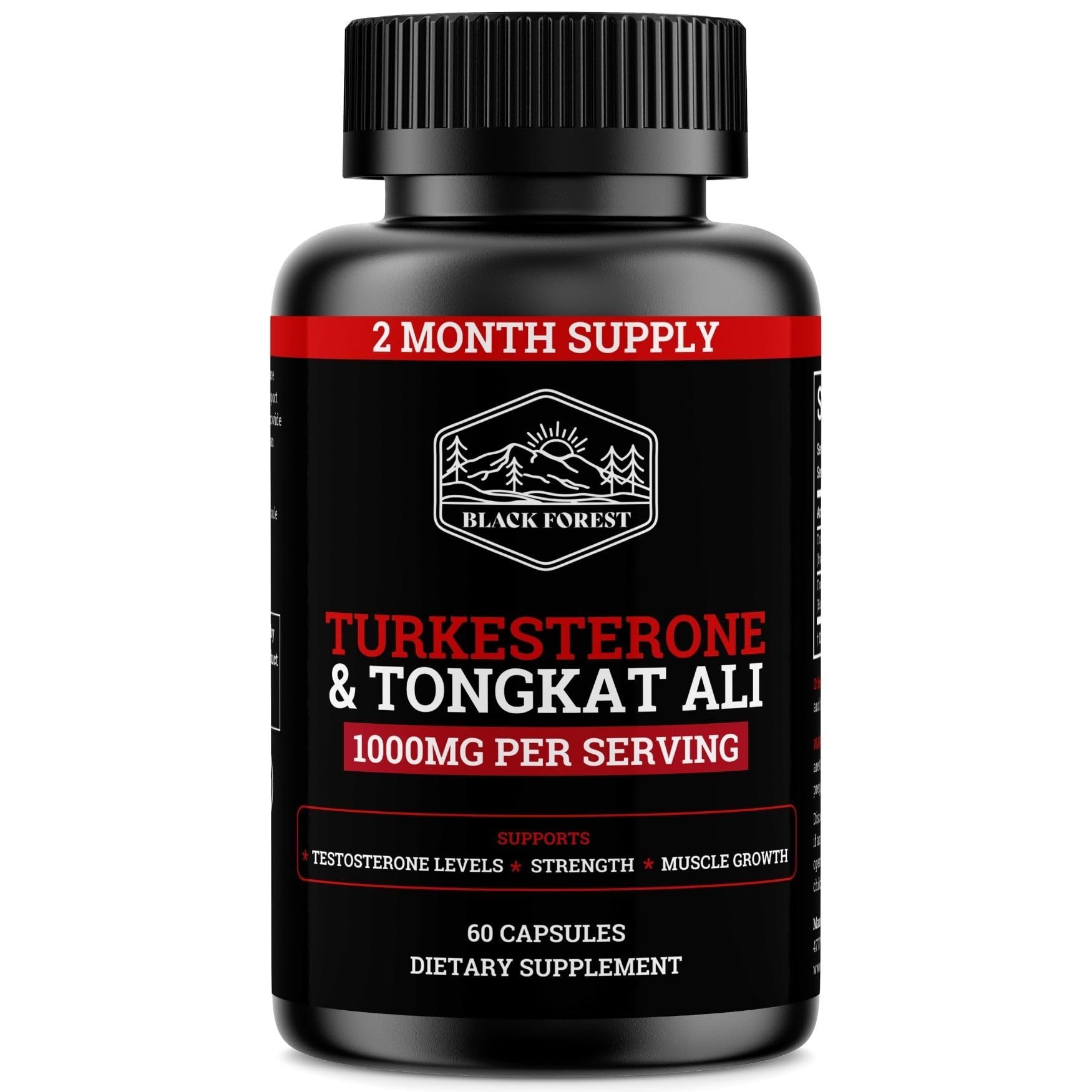 Black Forest Turkesterone Tongkat Ali bottle label highlights premium formula for strength and energy.