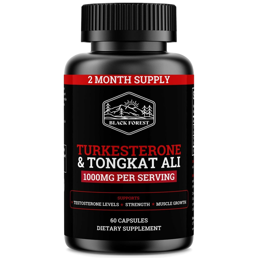 Black Forest Turkesterone Tongkat Ali bottle label highlights premium formula for strength and energy.