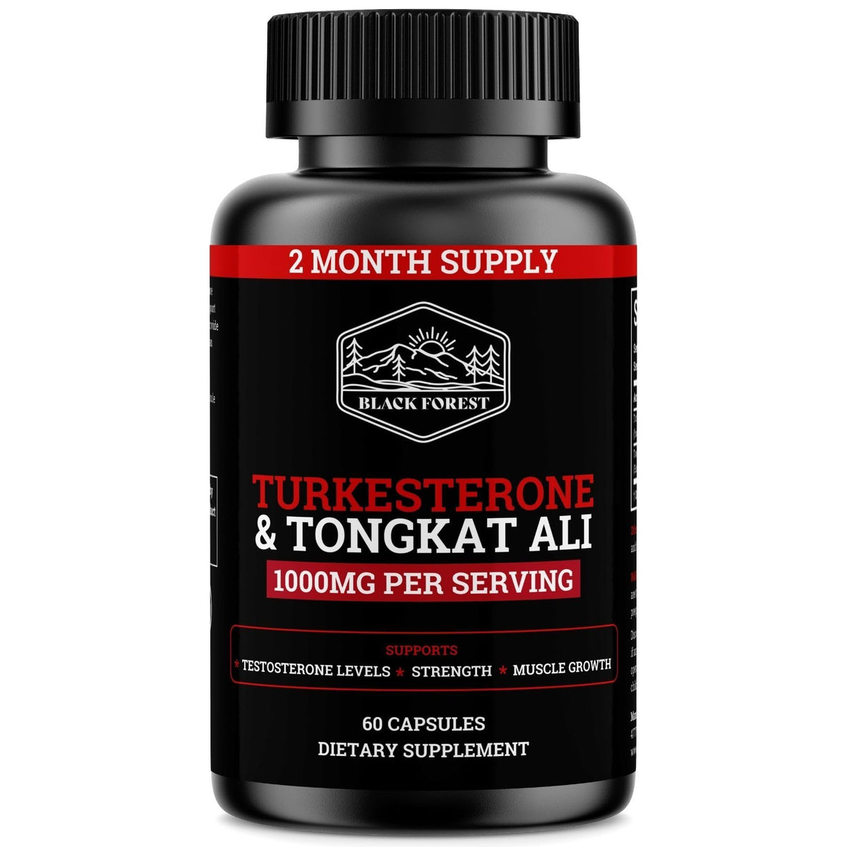 Black Forest Turkesterone Tongkat Ali bottle label highlights premium formula for strength and energy.