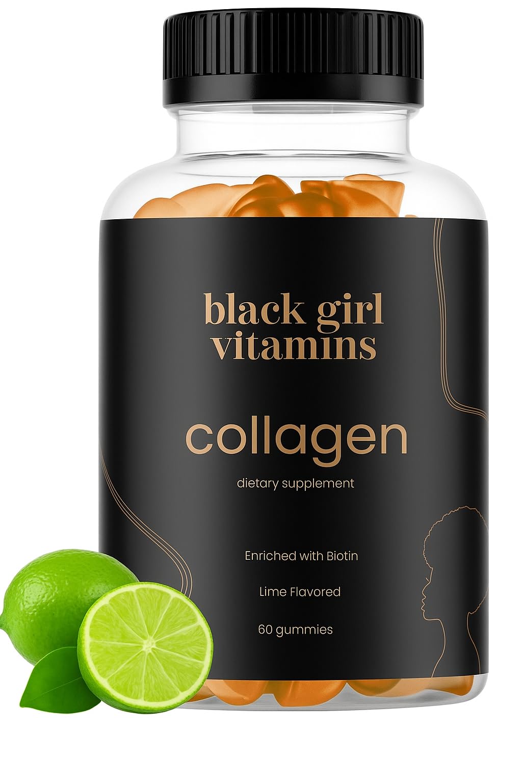 Black Girl Vitamins collagen gummies bottle shows gluten-free formula for daily beauty support.
