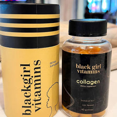 Black Girl Vitamins collagen gummies gluten-free packaging demonstrates clean formula.