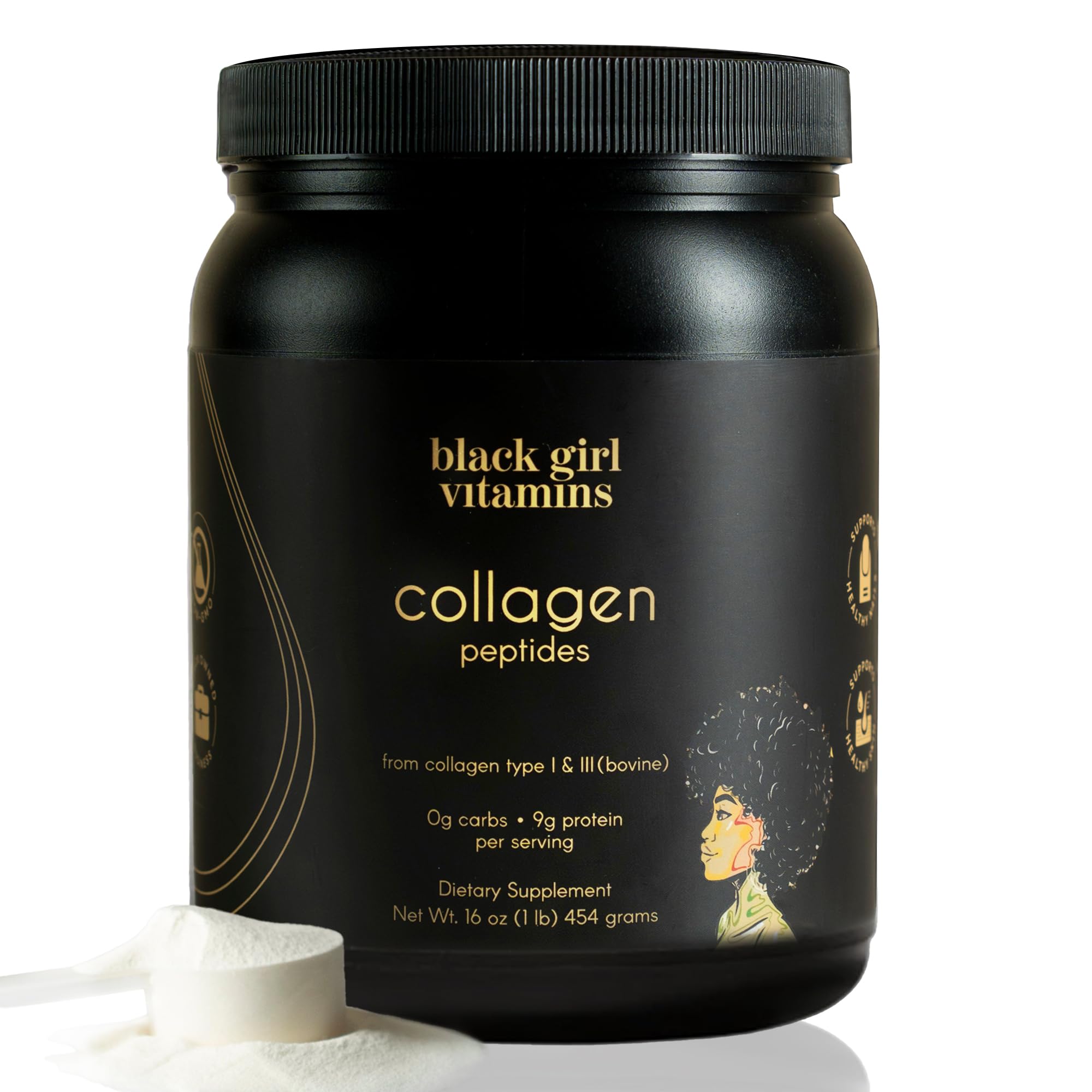 Black Girl Vitamins collagen peptides powder bottle with scoop for radiant skin support
