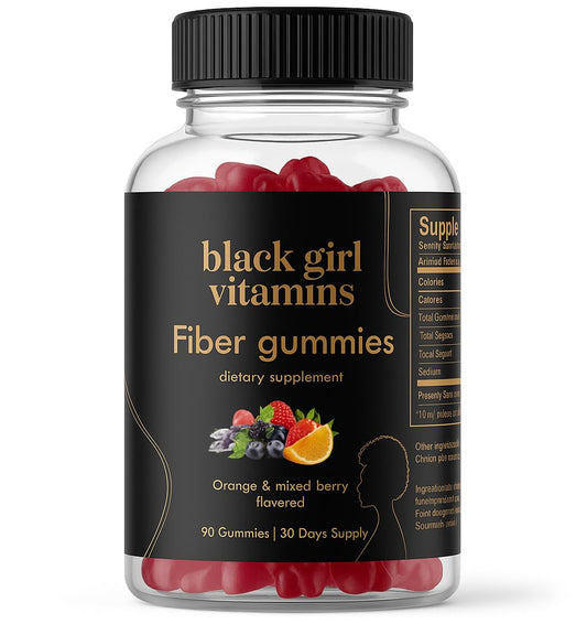 Black Girl Vitamins Fiber Gummies bottle shows daily prebiotic support for gut health