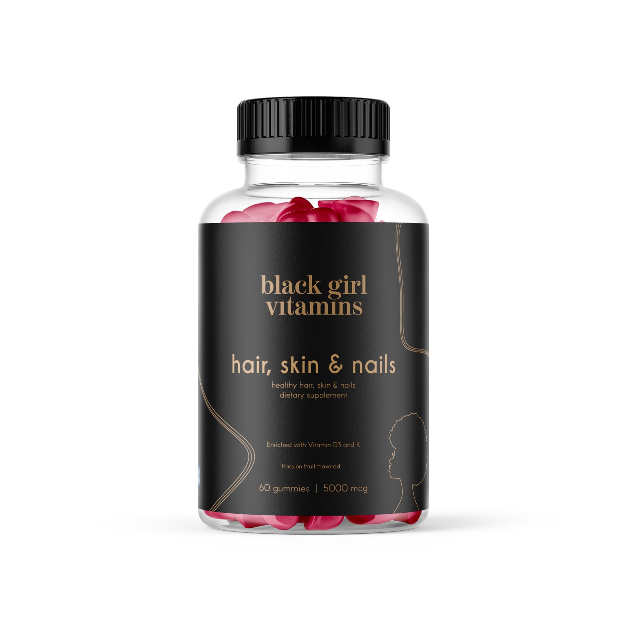 Black Girl Vitamins bottle front with passion fruit gummies for daily hair, skin, and nails care