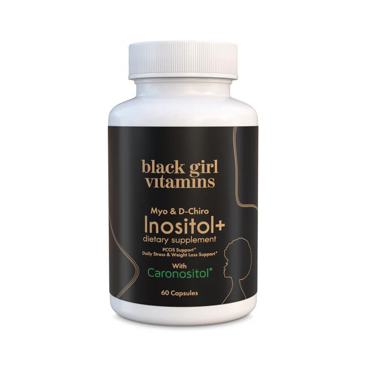 Black Girl Vitamins Inositol bottle front shows vegan capsules for daily wellness.