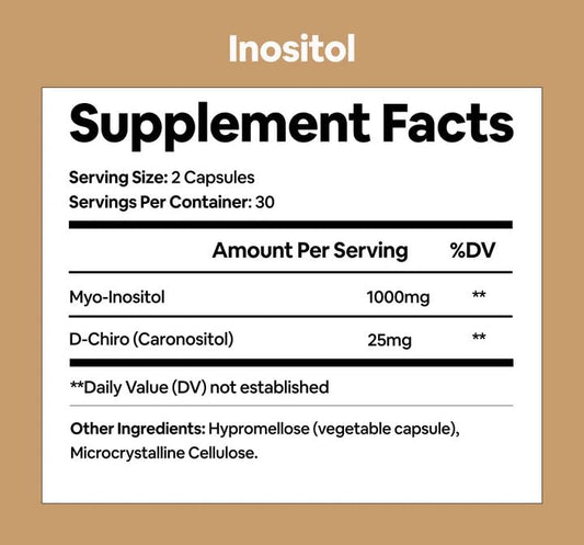 Two Inositol capsules outside the bottle highlight simple daily use.