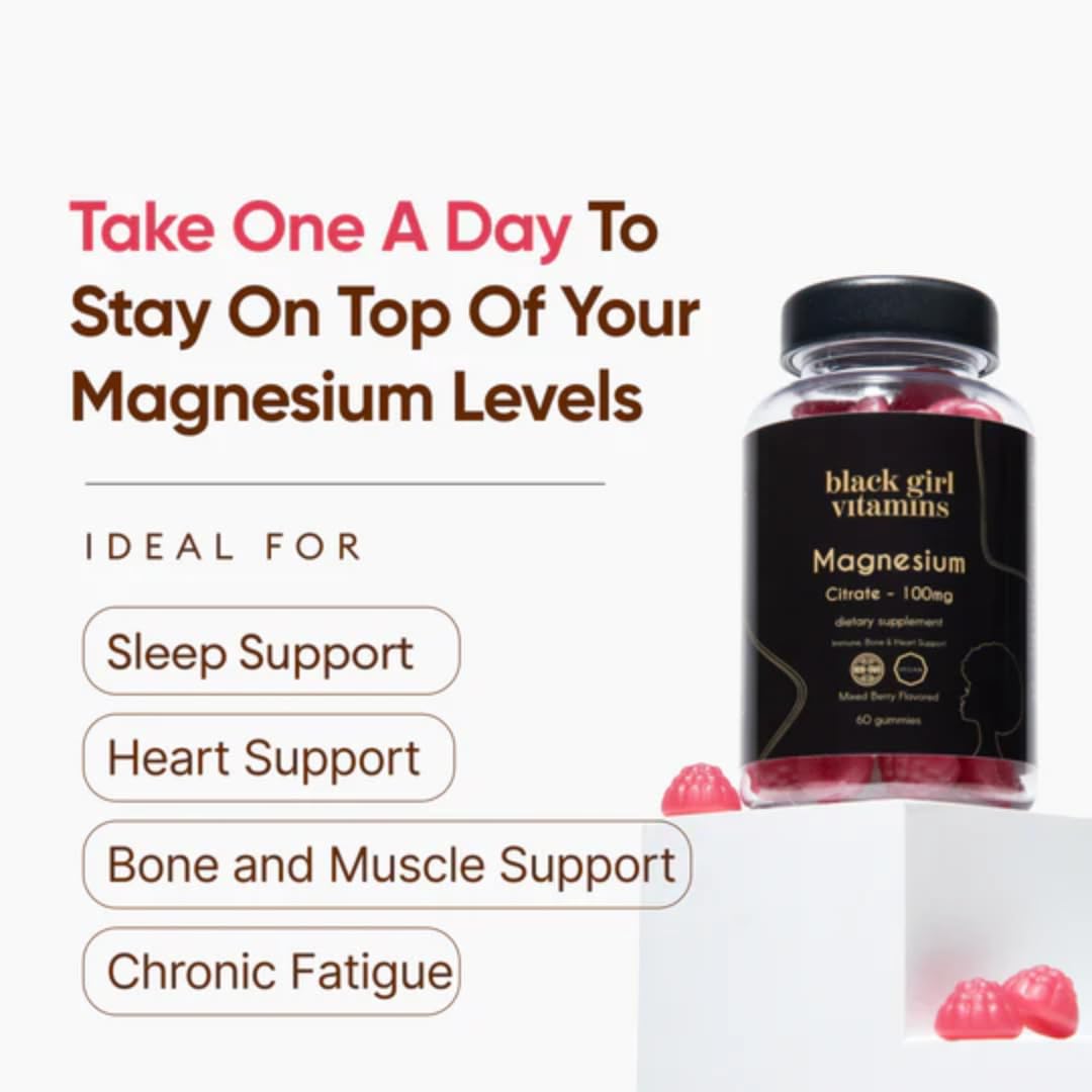 Serving shot with one Black Girl Vitamins magnesium gummy suggesting daily magnesium support.