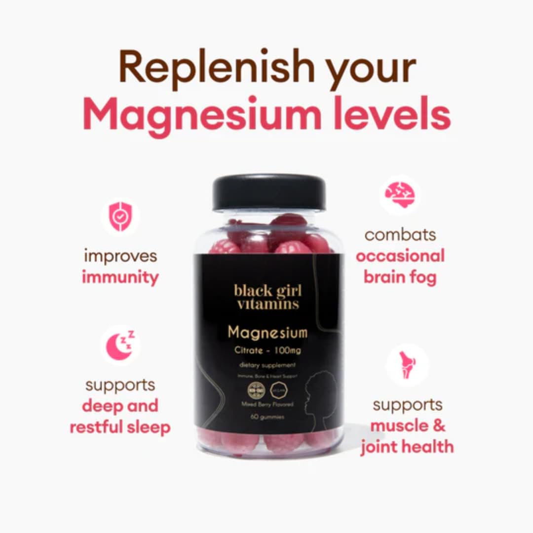 Black Girl Vitamins magnesium gummies texture close-up showing glossy bite-size pieces.