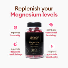 Black Girl Vitamins magnesium gummies texture close-up showing glossy bite-size pieces.