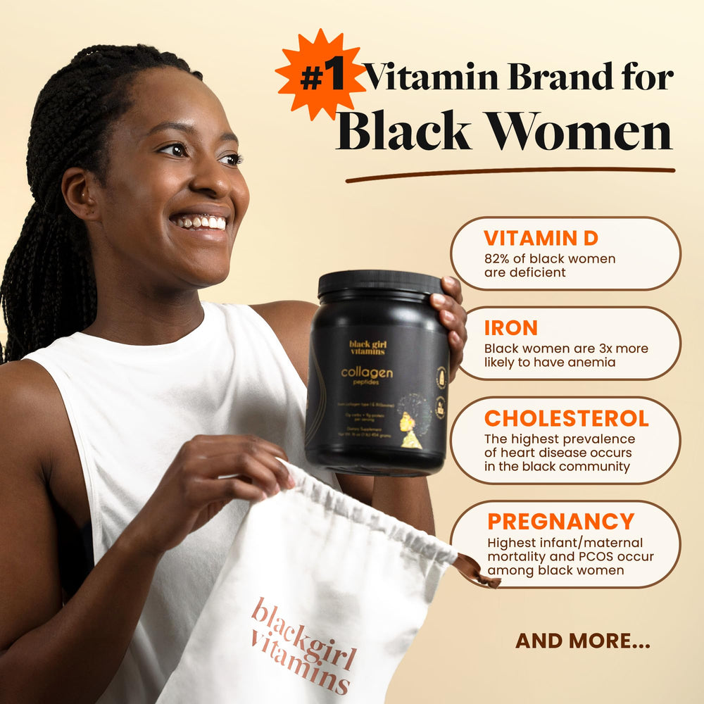 Black Girl Vitamins packaging highlights unflavored, dairy-free collagen formula