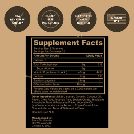 Black Girl Vitamins probiotic gummies bottle highlighting immune support potential.