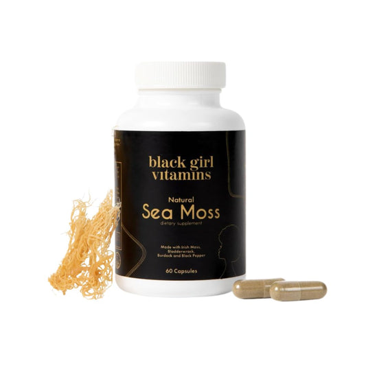 Black Girl Vitamins sea moss capsules on label showing immune support benefits