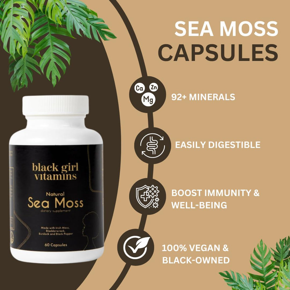 Vegan Black Girl Vitamins sea moss capsules on a clean surface