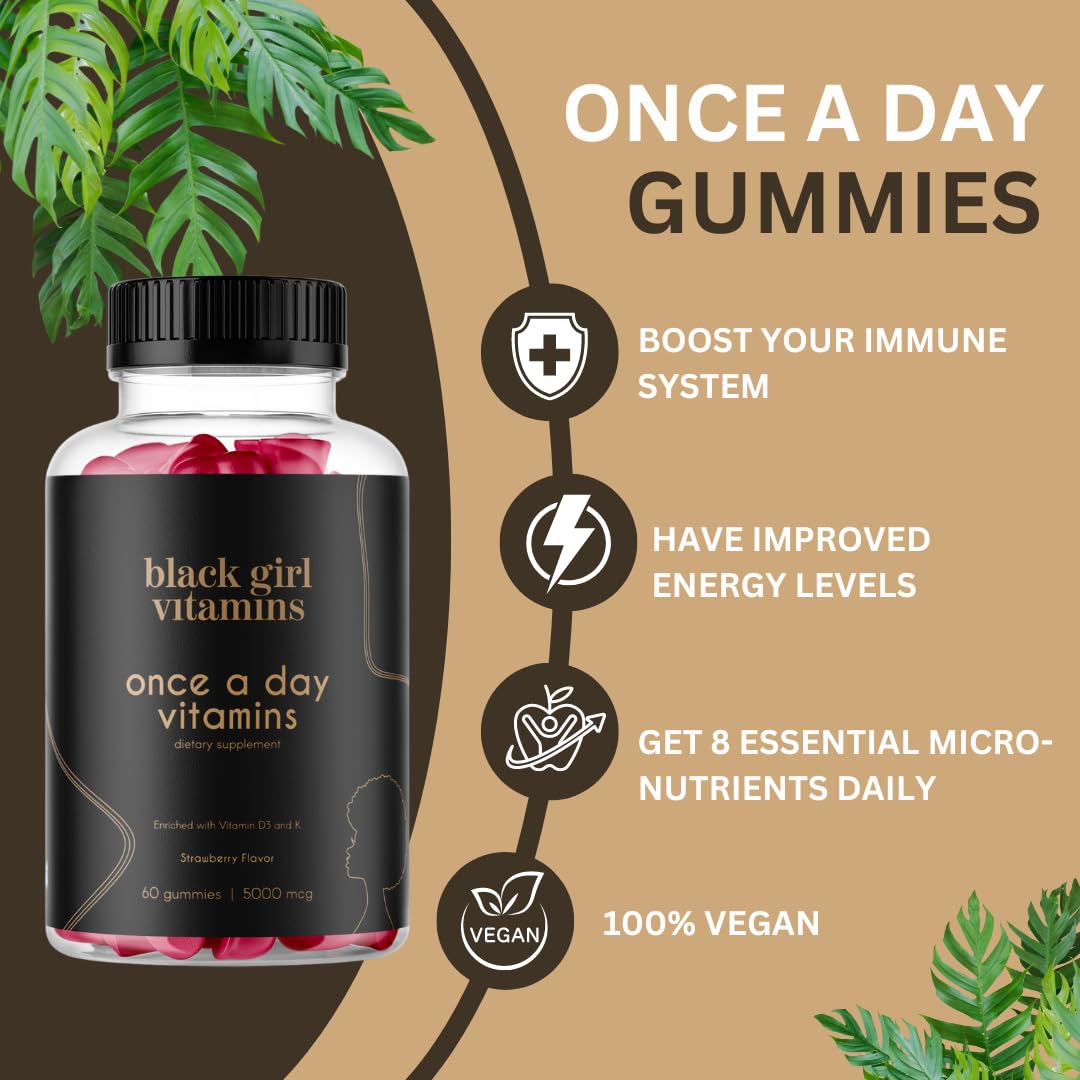 Black Girl Vitamins ingredients panel shows vitamins A–D and zinc for daily wellness.