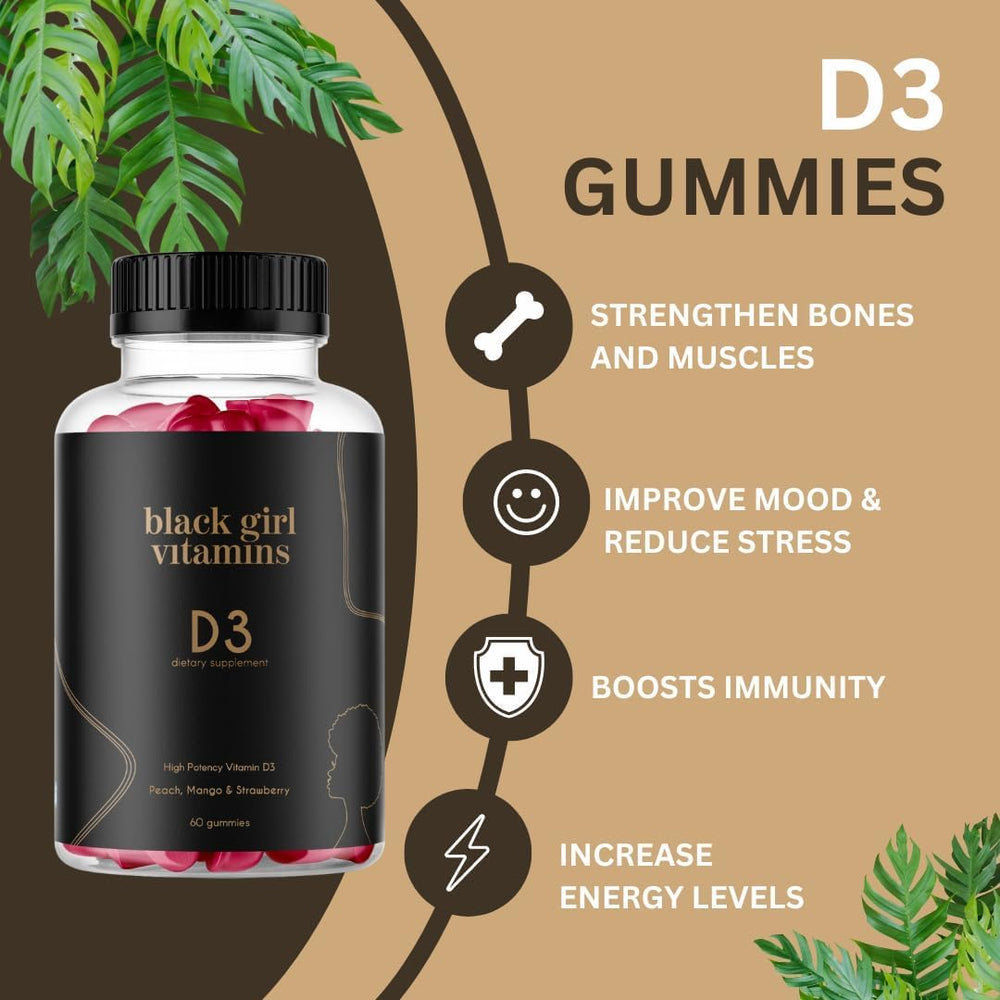 Vitamin D3 2000 IU bottle from Black Girl Vitamins for mood and energy support.