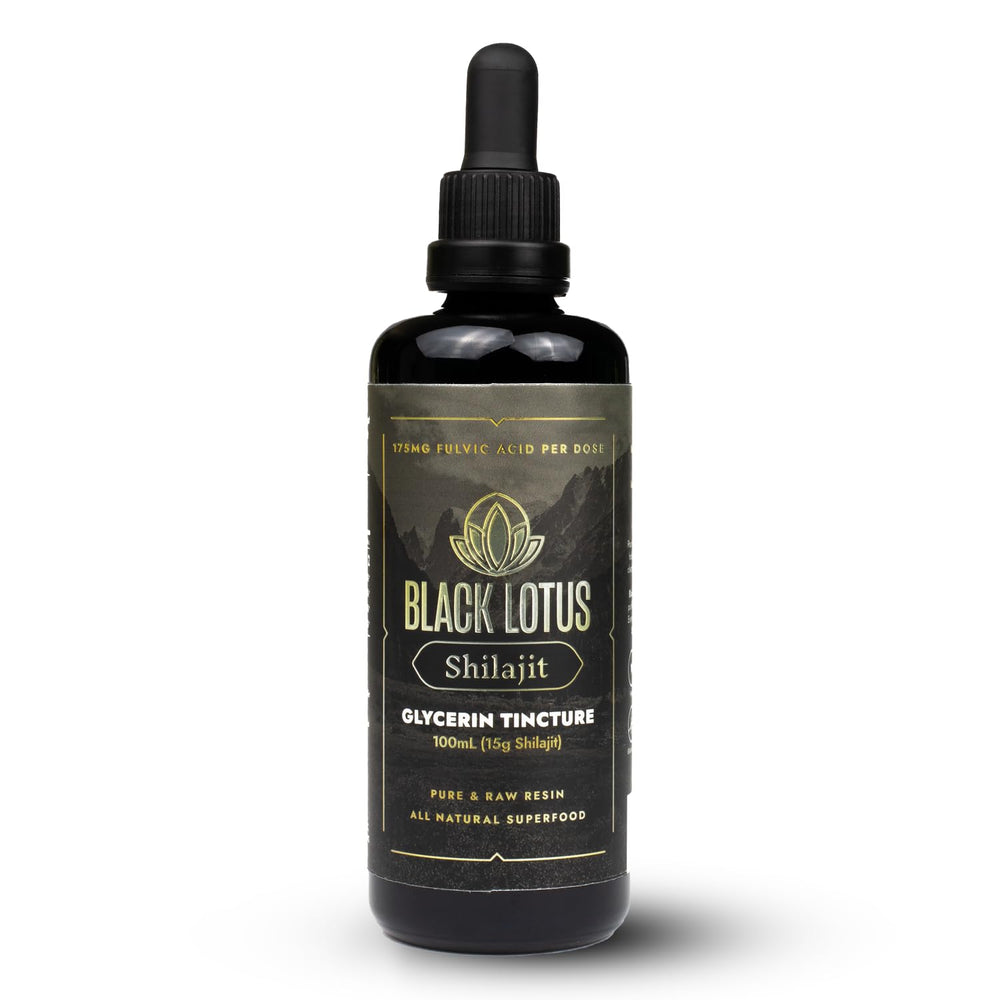 Black Lotus Shilajit bottle with dropper for easy daily dosing and balance.