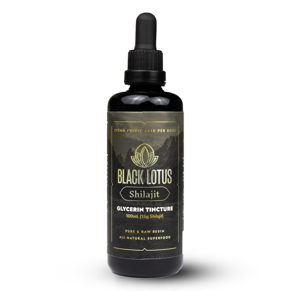 Black Lotus Shilajit bottle with dropper for easy daily dosing and balance.