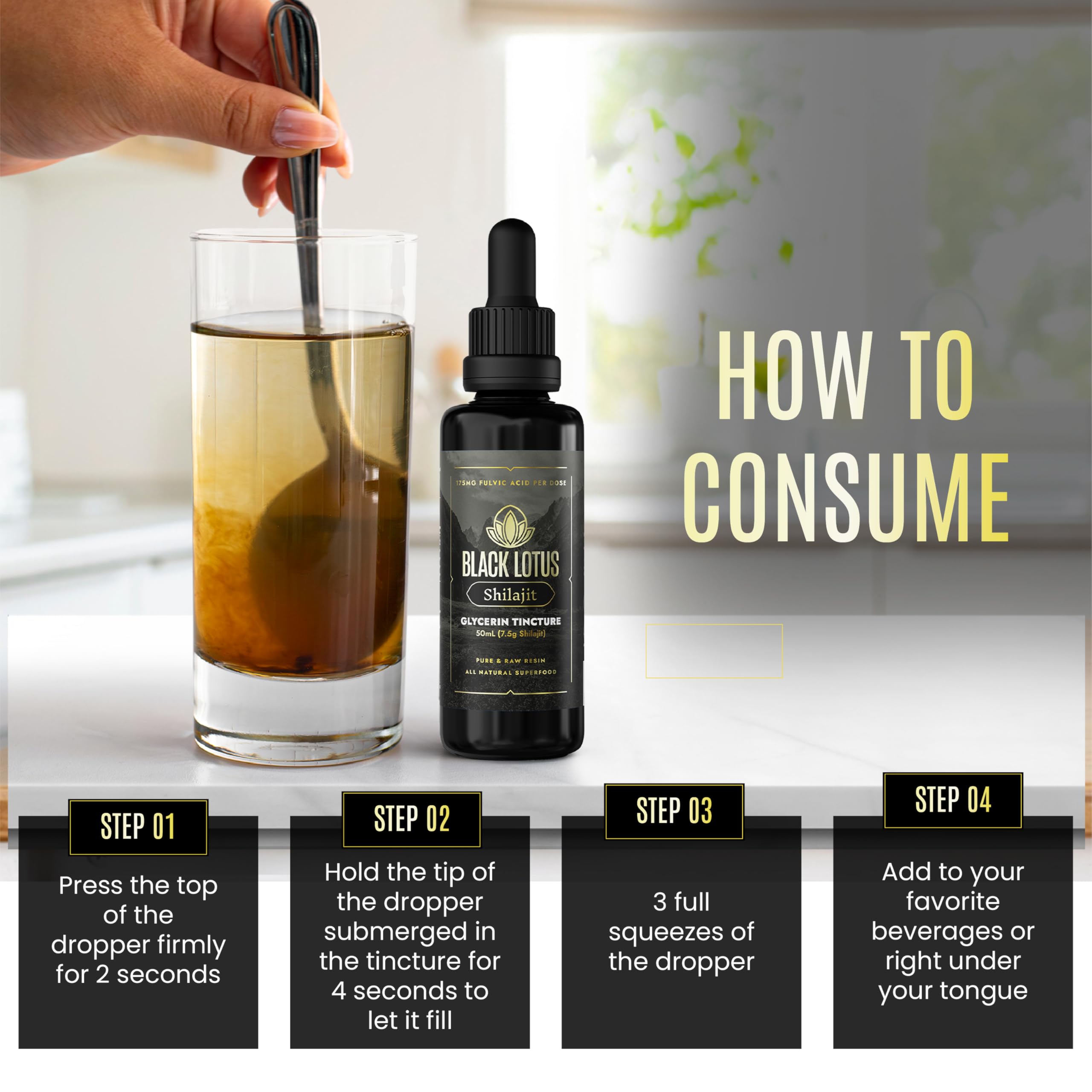 Black Lotus Shilajit Dropper-tincture shown ready to dissolve in water for energy support.
