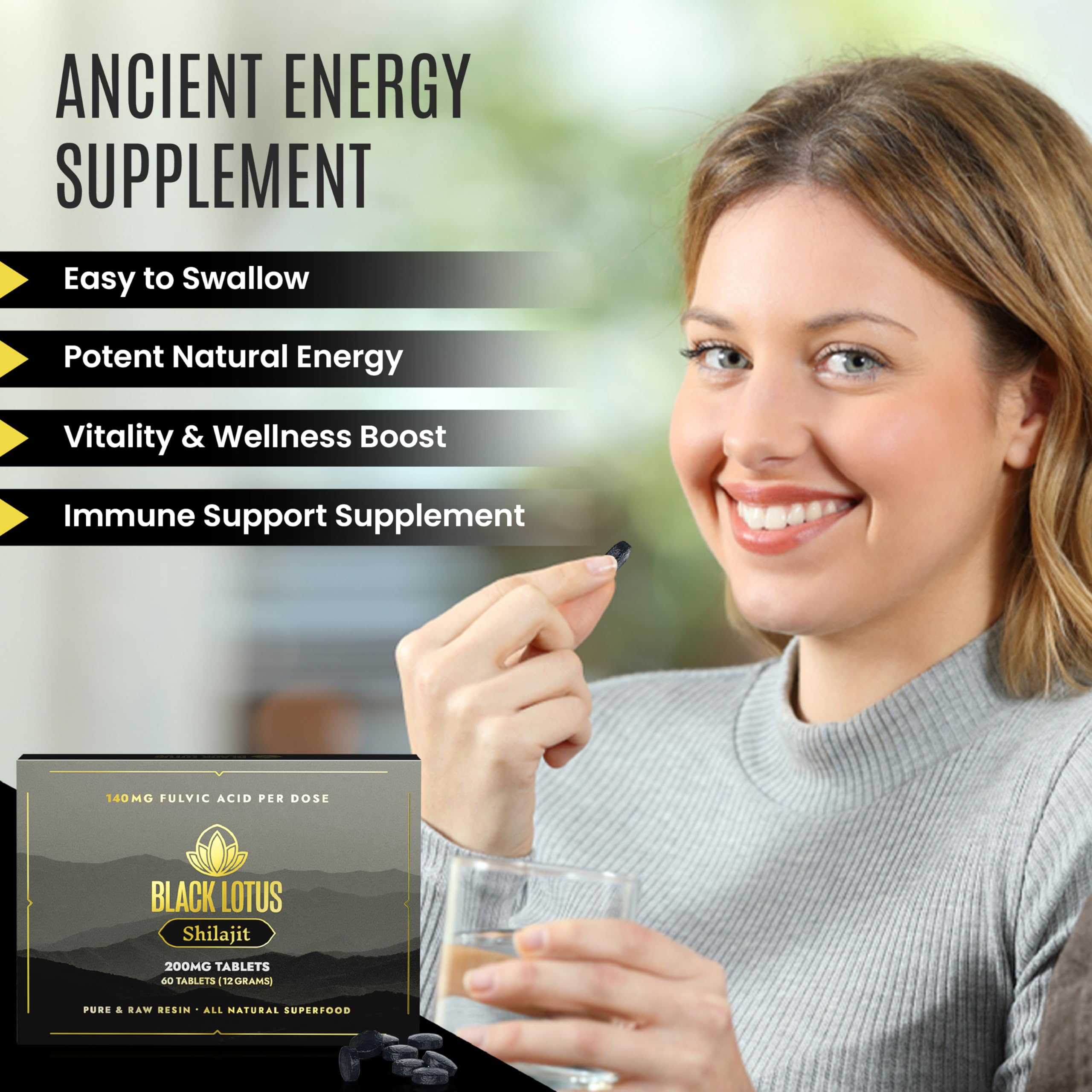 Fulvic acid-rich content emphasized in Black Lotus Shilajit tablets.