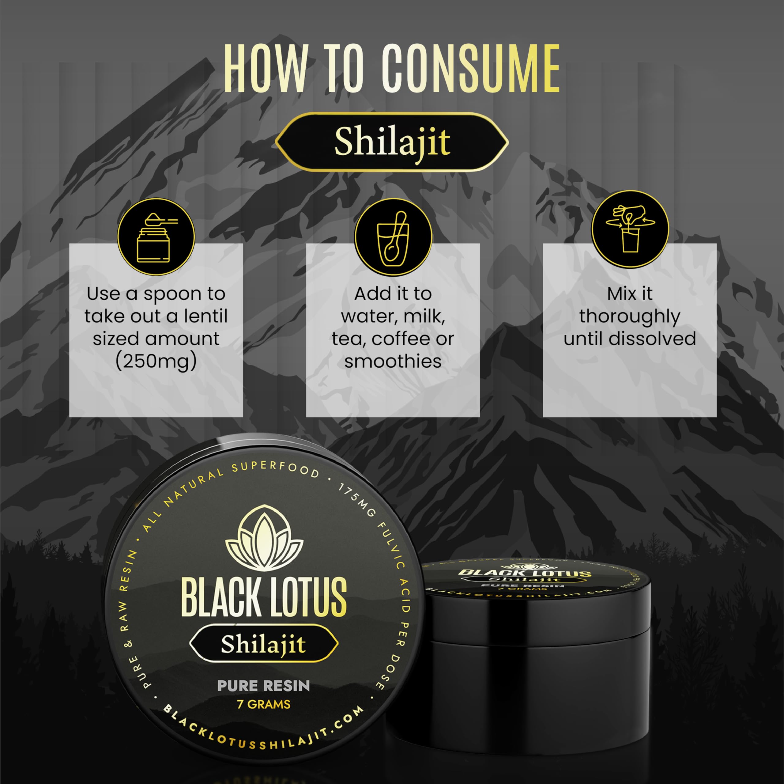 Black Lotus Shilajit Resin shows fulvic and humic acids for mineral balance