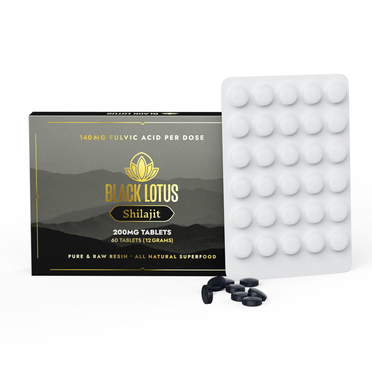 Black Lotus Shilajit tablets packaging highlights quality and convenience for daily use.