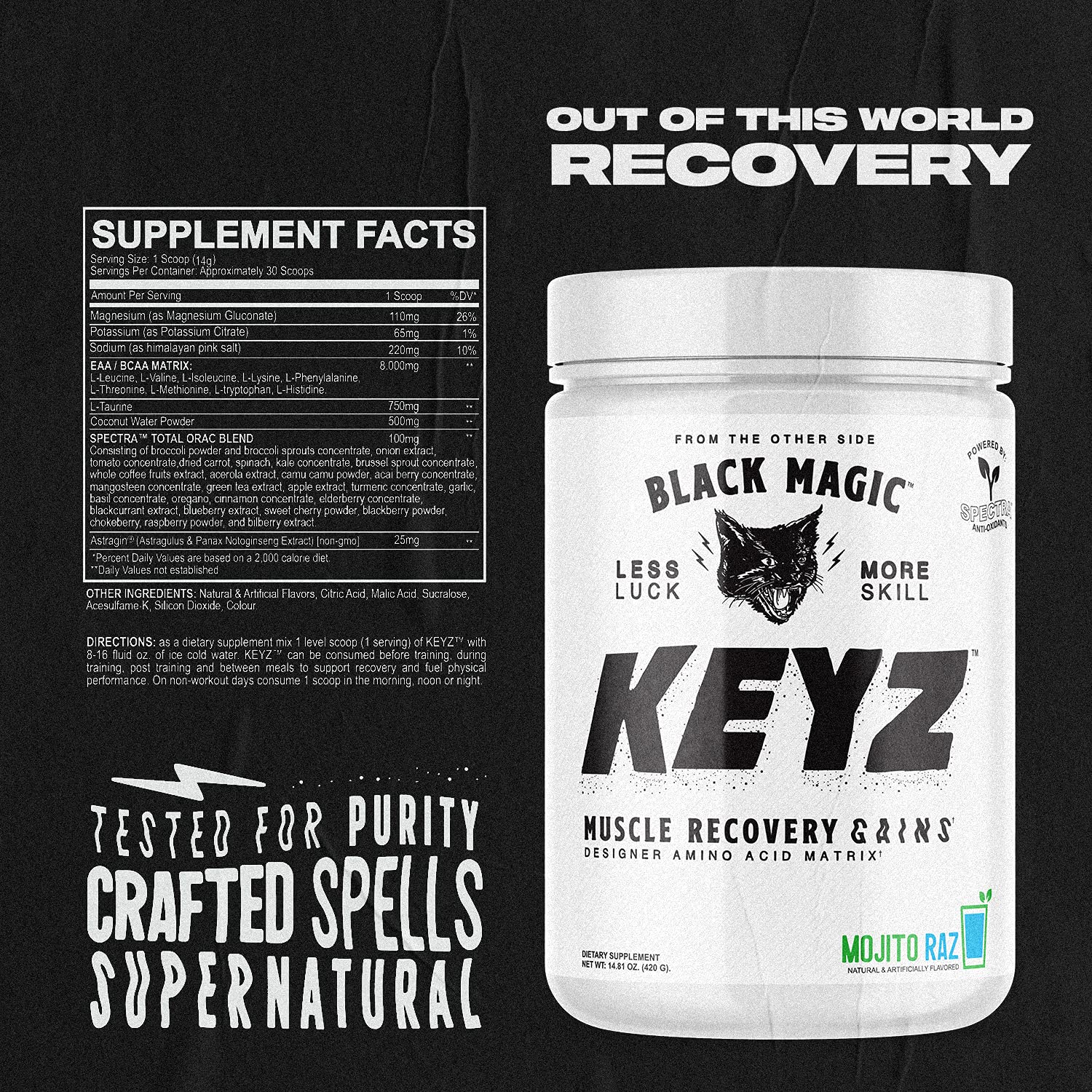 Black Magic Keyz nutrition facts label emphasizing keto-friendly, no sugar formula