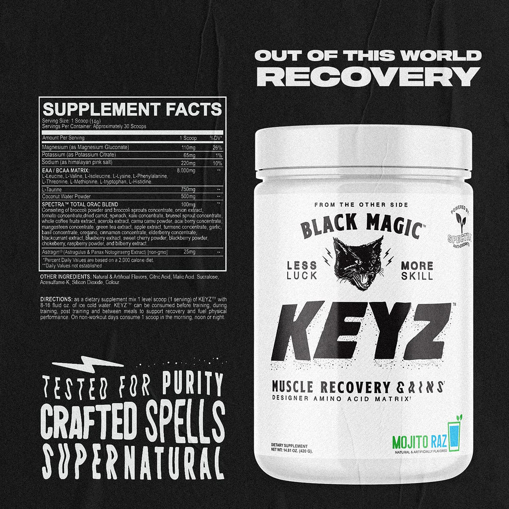 Black Magic Keyz nutrition facts label emphasizing keto-friendly, no sugar formula