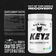 Black Magic Keyz nutrition facts label emphasizing keto-friendly, no sugar formula