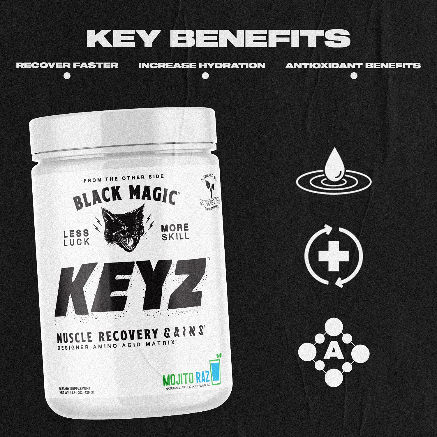 Black Magic Keyz scoop beside shaker illustrating caffeine-free energy potential