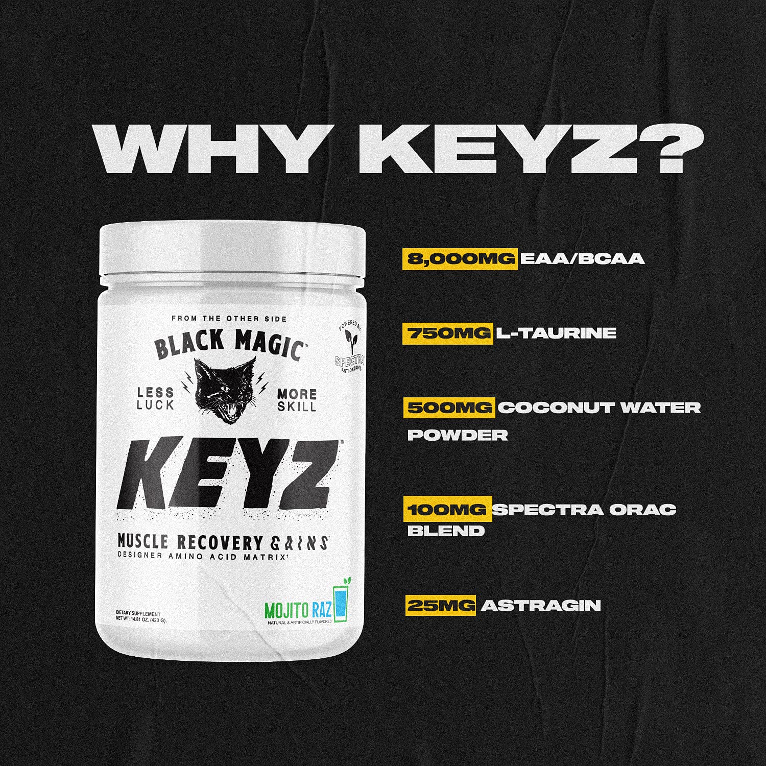 Black Magic Keyz tub label close-up highlighting BCAA and EAA matrix for muscle support