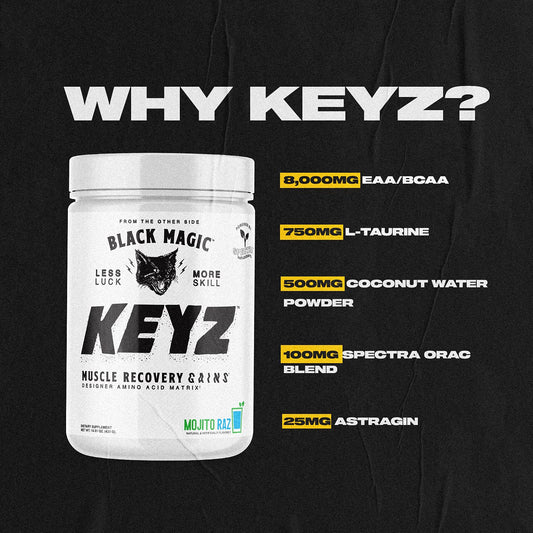 Black Magic Keyz tub label close-up highlighting BCAA and EAA matrix for muscle support