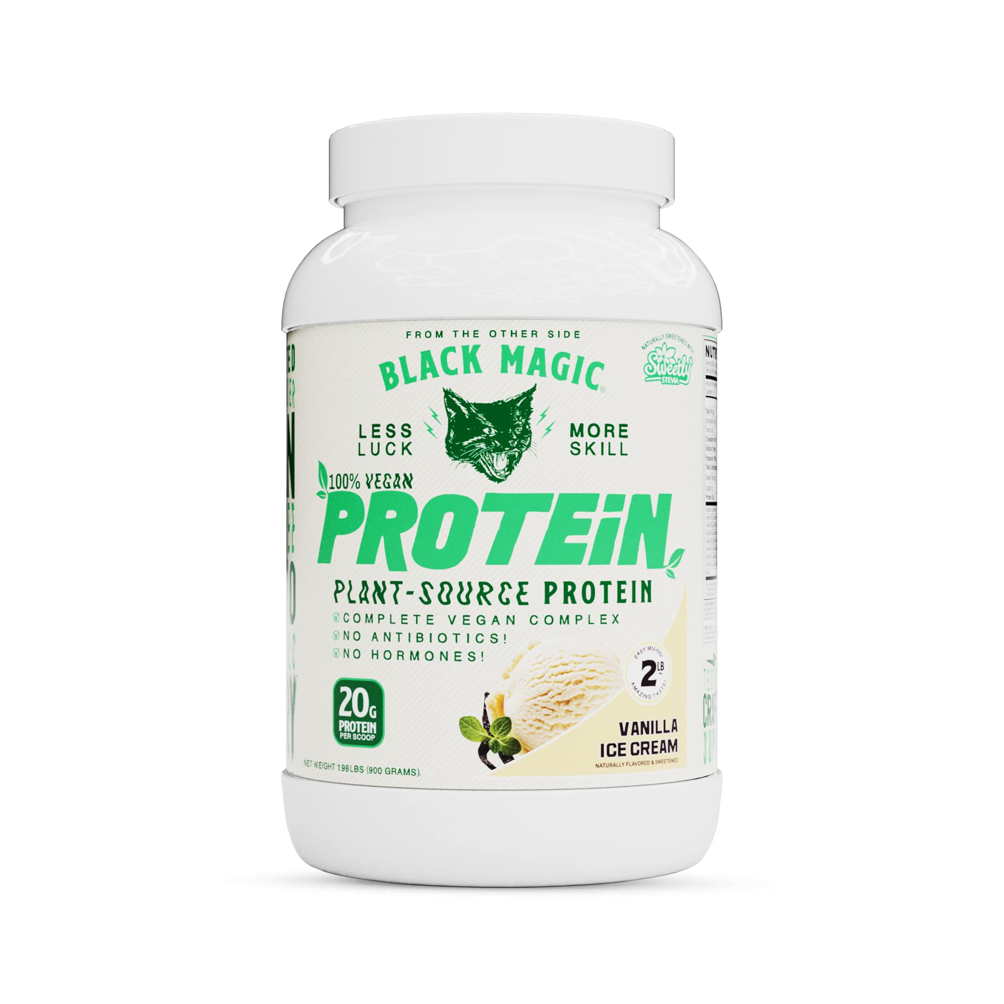 Black Magic vegan protein powder container with vanilla ice cream flavor for post-workout fueling