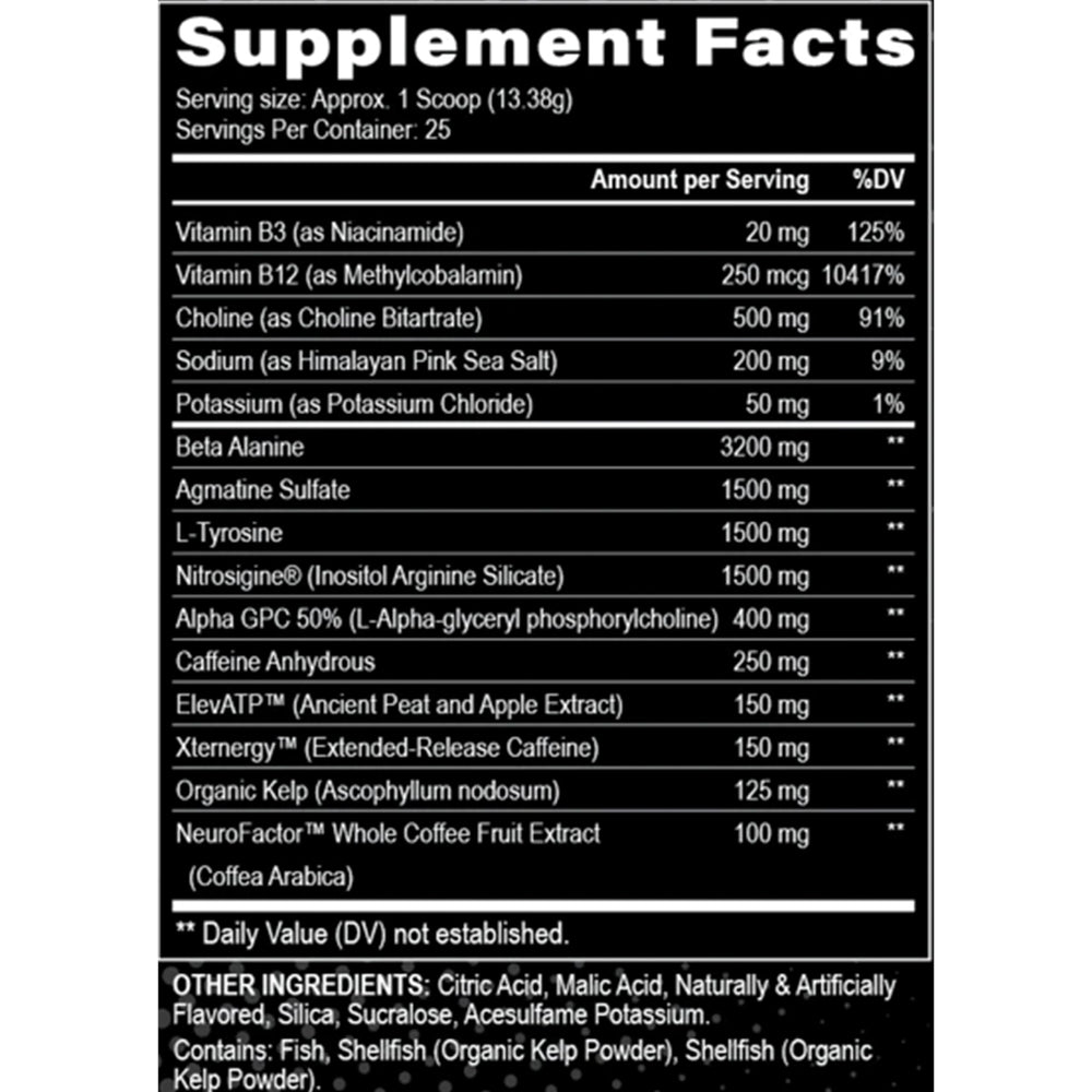 Black Magic Villain label close-up shows beta-alanine, caffeine for focus