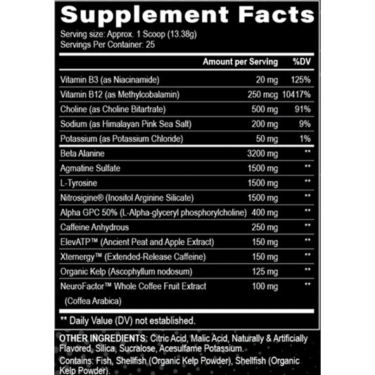 Black Magic Villain label close-up shows beta-alanine, caffeine for focus