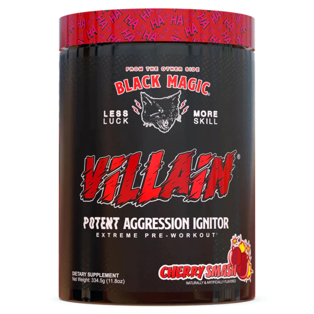 Black Magic Villain preworkout tub label highlighting premium formula for high-energy sessions